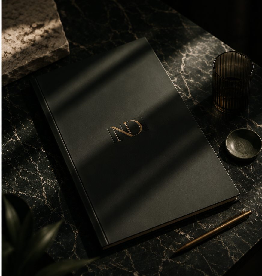 Werkbuch von Noricum Digital mit goldgeprägtem Monogramm auf dunklem Marmor