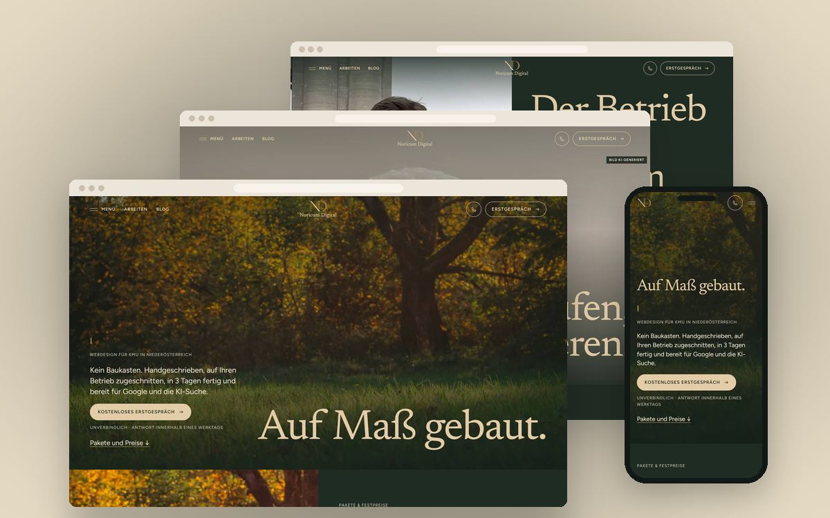 Mehrere Seiten dieser Website im Browser übereinander, dazu die Webdesign-Seite am Handy