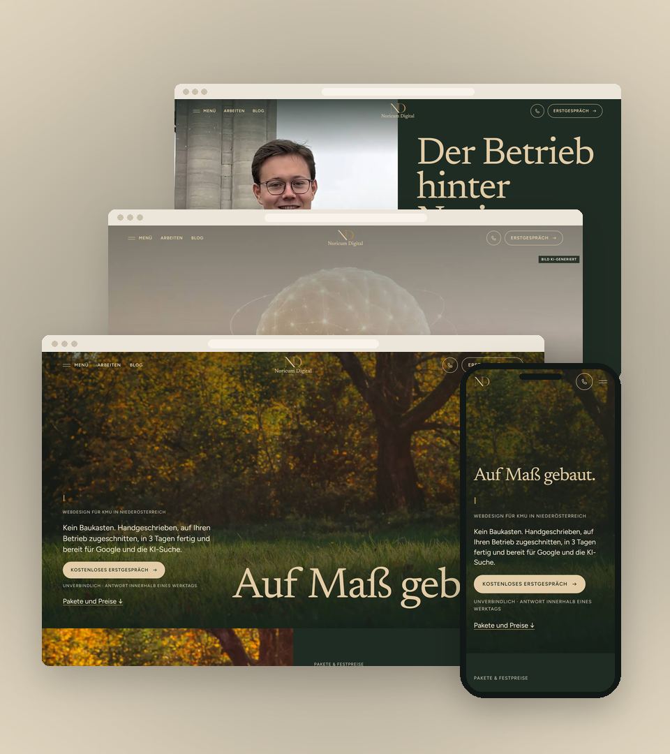 Mehrere Seiten dieser Website im Browser übereinander, dazu die Webdesign-Seite am Handy