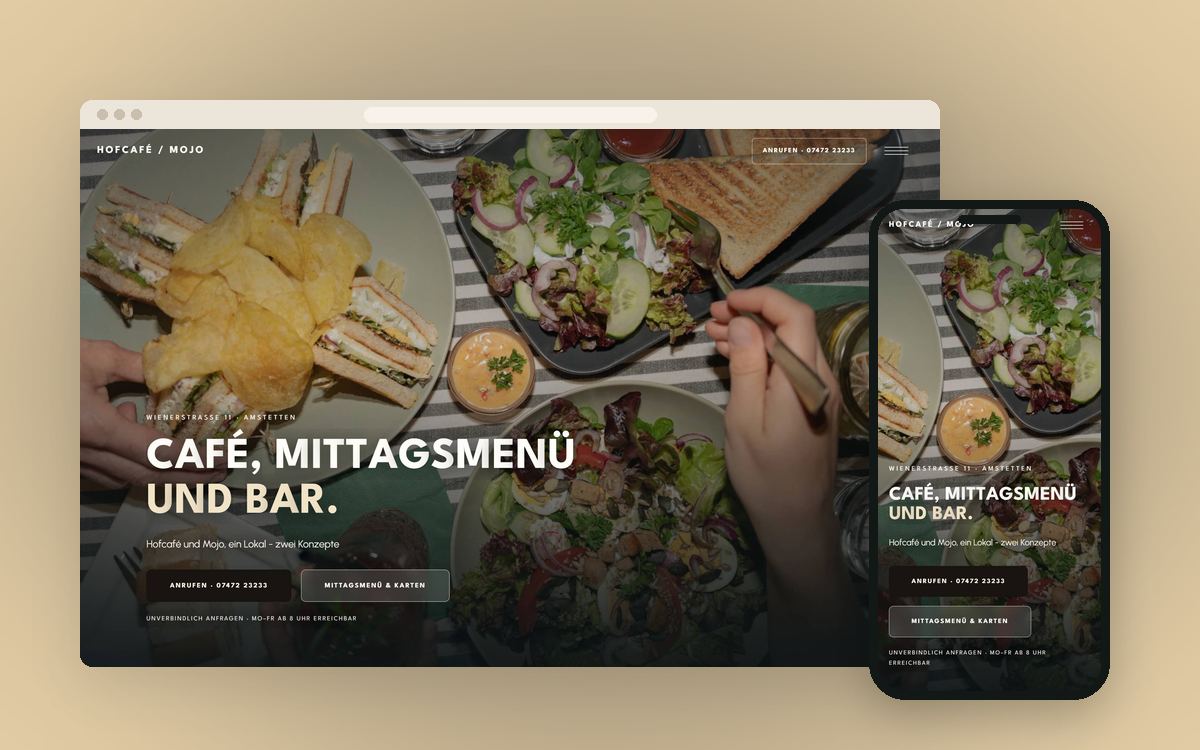 Die Onepager-Website des Hofcafé Amstetten am Laptop und am Handy