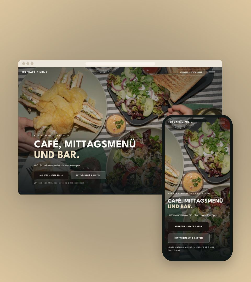 Die Onepager-Website des Hofcafé Amstetten am Laptop und am Handy