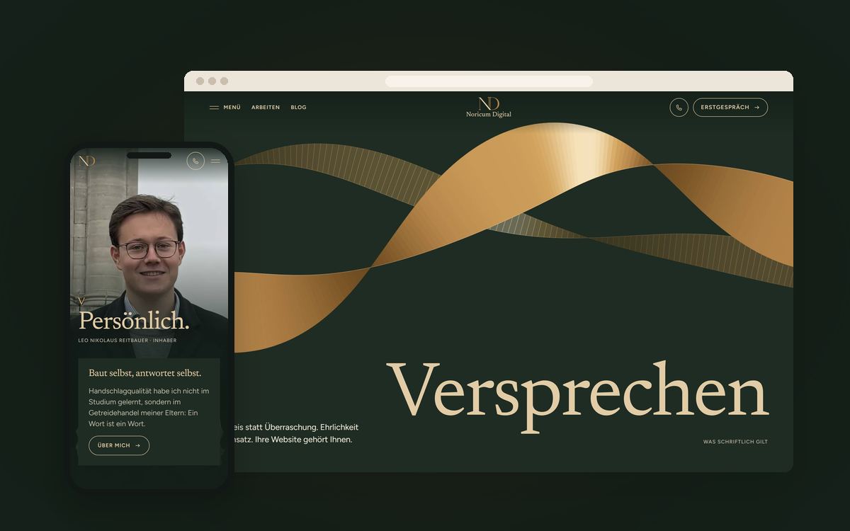 Diese Website mit dem goldenen Band am Laptop, am Handy der Abschnitt Persönlich