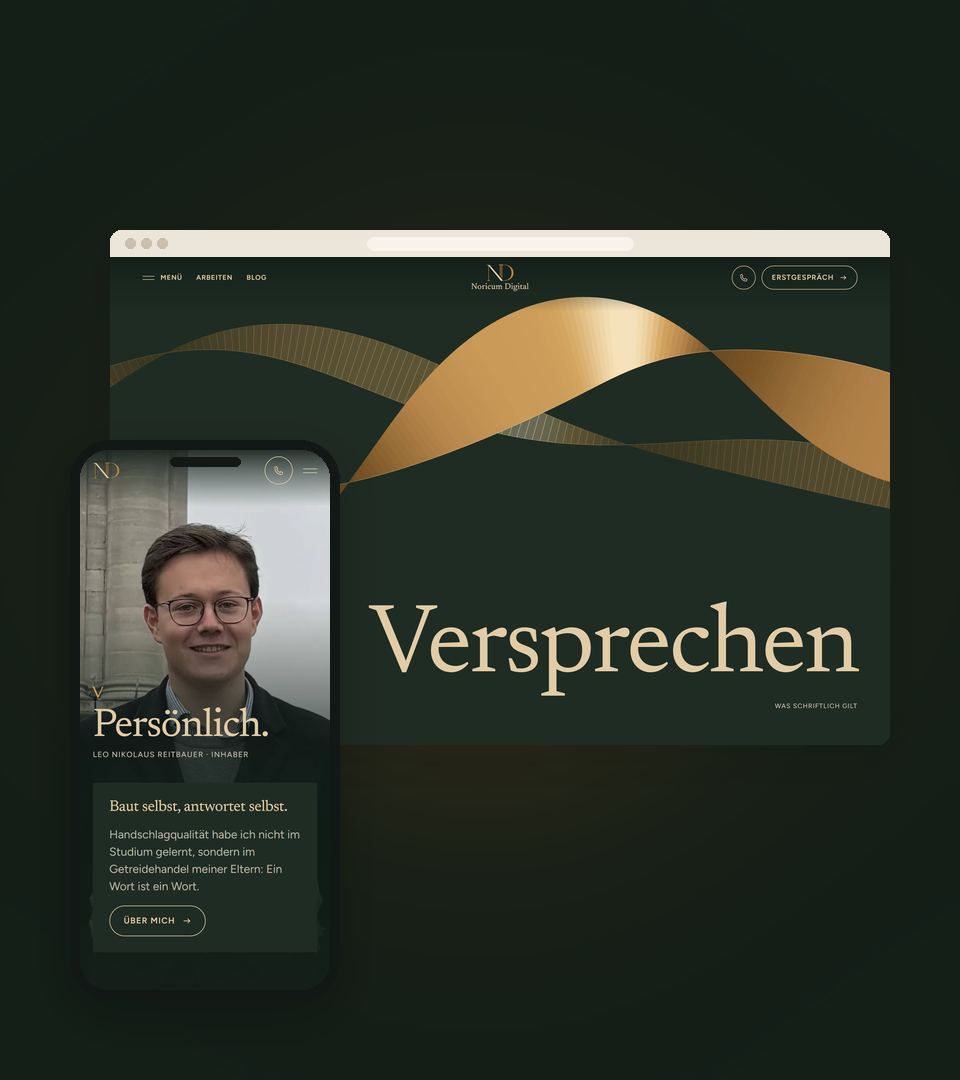 Diese Website mit dem goldenen Band am Laptop, am Handy der Abschnitt Persönlich