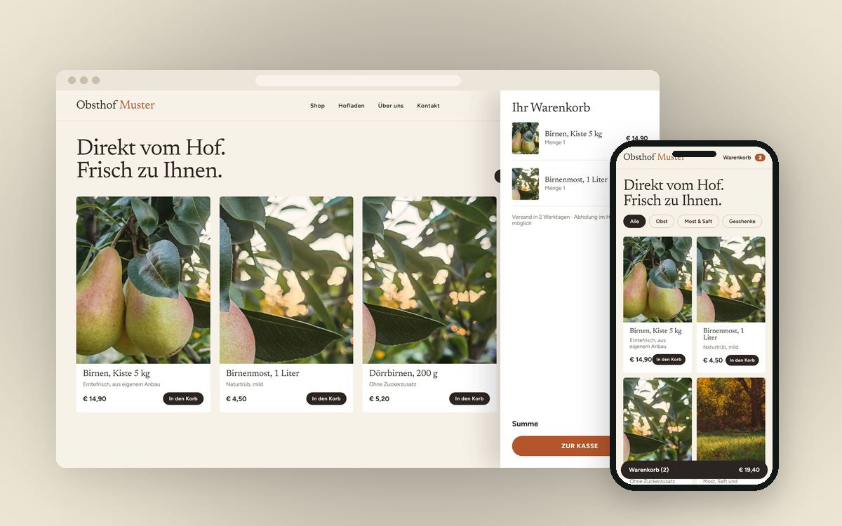 Beispielansicht eines Webshops für einen Hofladen mit Produkten und Warenkorb, am Laptop und am Handy