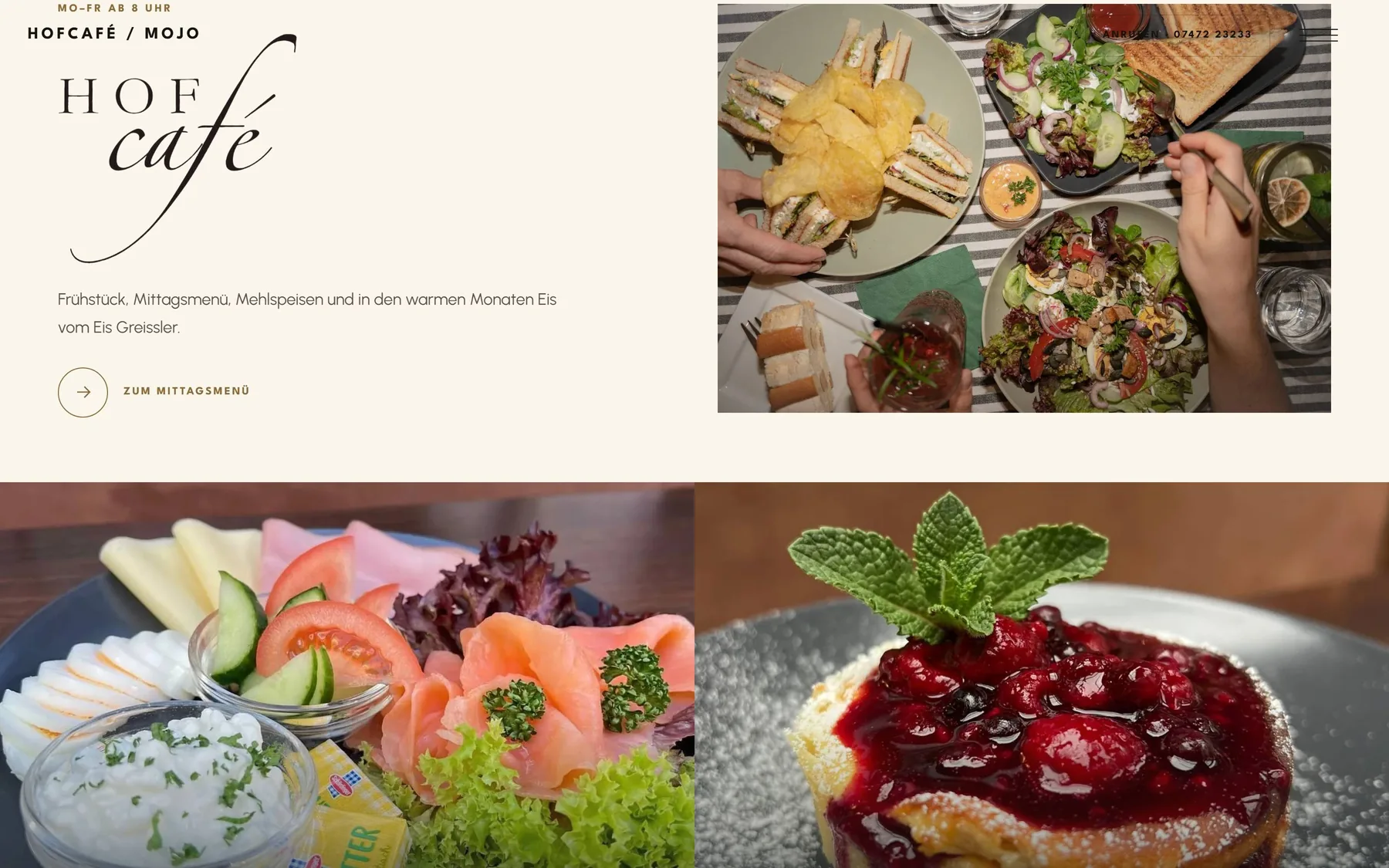 Abschnitt Hofcafé: geschwungener Schriftzug neben Fotos von Frühstück und Mehlspeisen