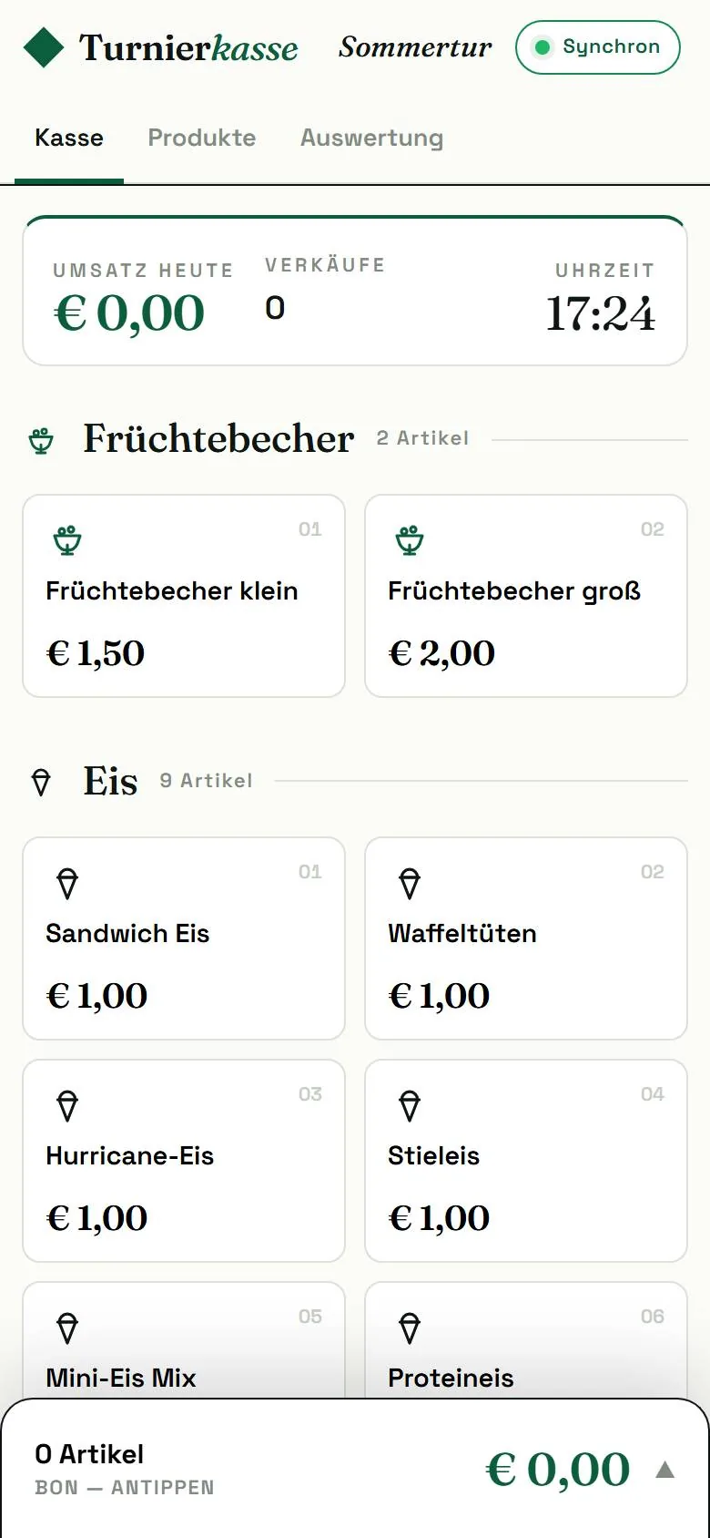 Die Turnierkasse am Handy: Umsatz, Produkte und Bon
