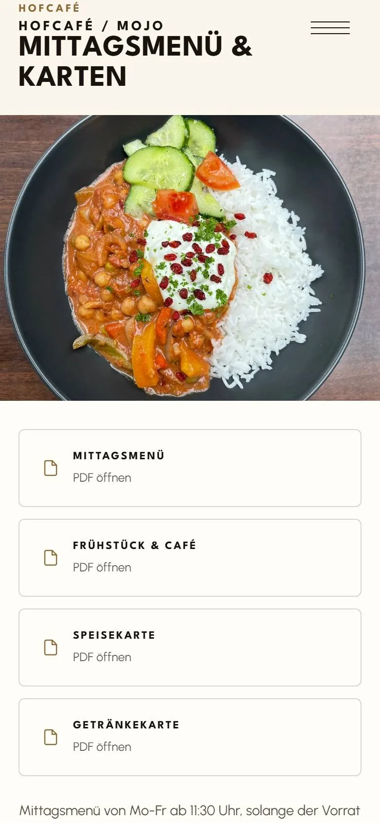 Mittagsmenü und Karten am Handy